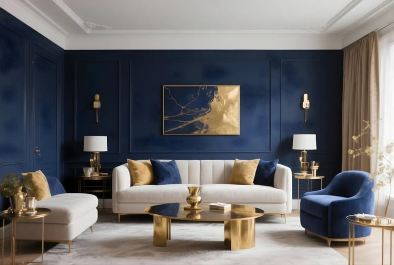 Living room in Navy Blue + Gold Color Combination