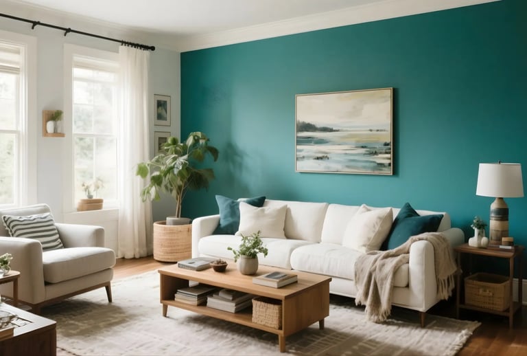 Living room in Teal + Cream Color Combination