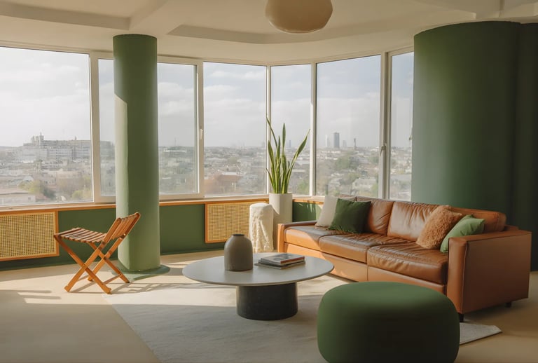 Living room in Forest Green + Tan Color Combination