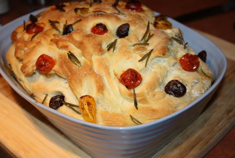 rosemary, tomato, olive focaccia bread