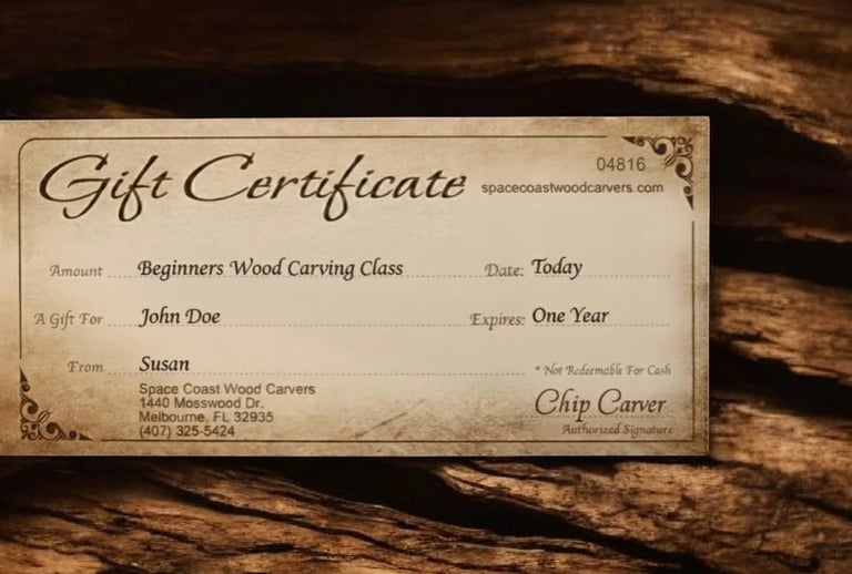 Wood carving class gift voucher for 2 day beginner workshop.