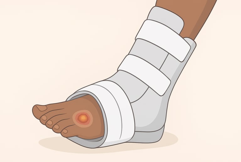 a patient with a foot ulcer in an offloading boot