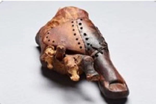 Esta prótesis del primer dedo se estima tiene alrededor de 4,500 años de antigüedad.