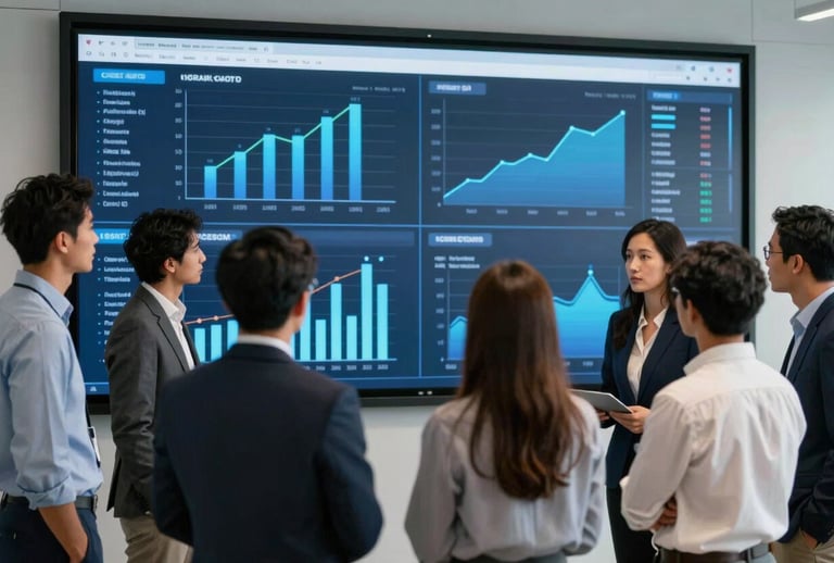 A collaborative team of diverse professionals in an international corporate environment, gathered around a large digital display showcasing data trends, styled with Dark Navy and Royal Blue accents.