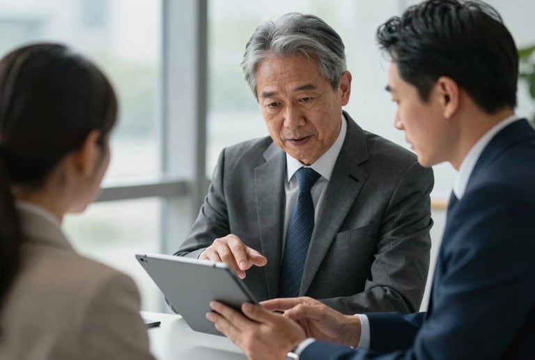 A high-end corporate setting in North America where a senior mentor provides guidance to a learner on a tablet, focusing on professional development and elite networking.