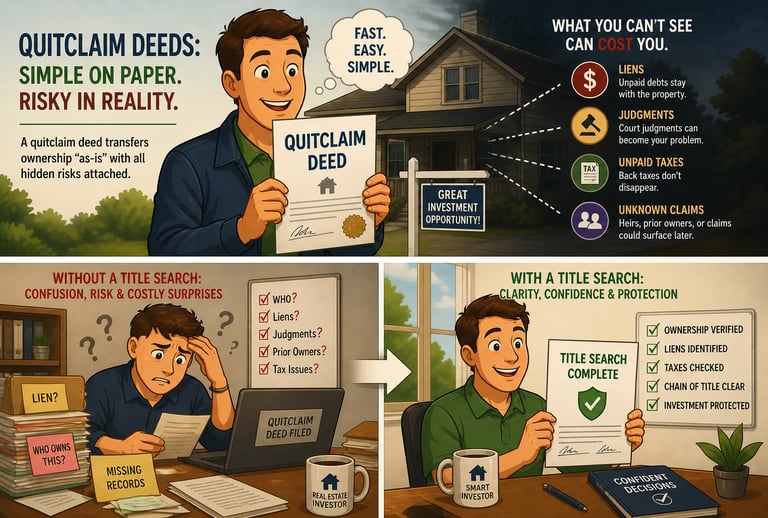 Buying a property using a quitclaim deed can be risky. A title search helps investors avoid liens.