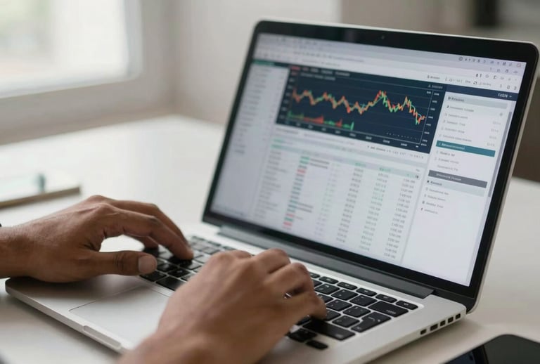 Close-up of a South Asian / Indian professional's hands using a high-end laptop displaying financial charts and digital spreadsheets in a clean, modern workspace. Soft morning light, professional atmosphere.