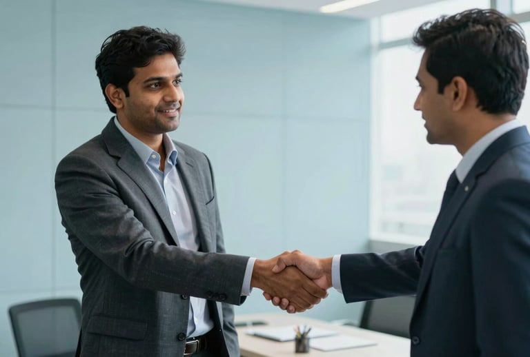 A South Asian / Indian entrepreneur in a smart-casual suit shaking hands with a legal consultant in a sophisticated Gurugram business district office. Minimalist decor, light blue accents, sharp focus, professional photography.