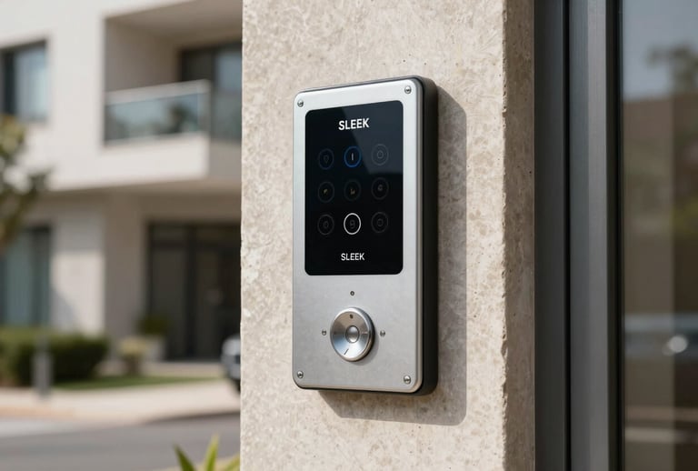 Sleek electronic access control panel at the entrance of a luxury residential building in Montevideo, modern architectural detail, daylight, professional photography.