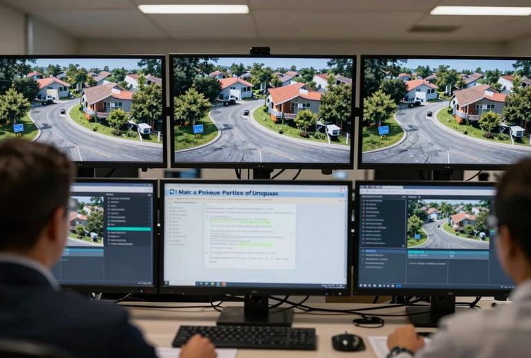 A high-tech security operations center with monitors displaying real-time perimeter surveillance for a private neighborhood in Uruguay, focused on a modern interface, premium professional aesthetic.