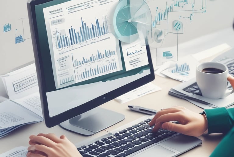 A friendly accountant working closely with a client, surrounded by organized financial documents and a laptop.