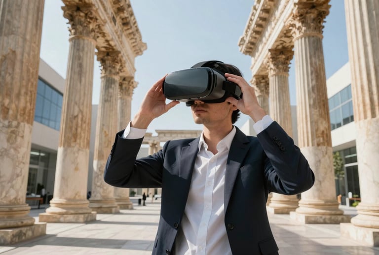 Wide-angle photography of an individual in a professional business setting wearing a sleek VR headset, experiencing a photorealistic historical recreation of ancient Roman architecture with sun-drenched marble pillars. North American office background with a modern, futuristic vibe.