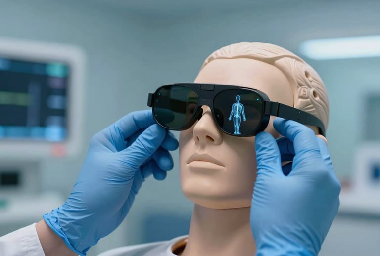 Close-up photography of a medical professional's hands wearing blue latex gloves, using AR glasses that project a translucent anatomical diagram over a high-fidelity training mannequin. The scene is a sterile, futuristic medical simulation center with cool blue lighting and North American professional aesthetic.