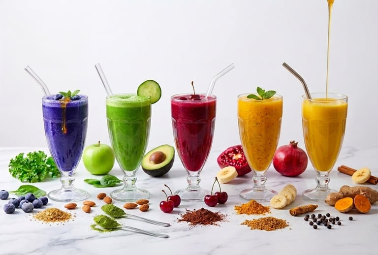Variety of colorful fruit and vegetable smoothies in tall glasses with fresh superfood ingredients on a marble surface.