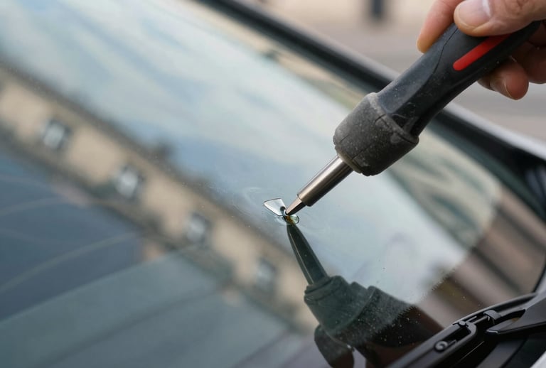 Technicien expert répare un éclat sur pare-brise automobile au Mottier