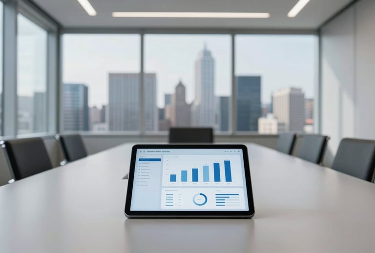Wide shot of a minimalist, modern corporate boardroom in a North American skyscraper with large windows overlooking a city skyline, featuring a tablet on a table showing an analytical dashboard in shades of light blue and gray.