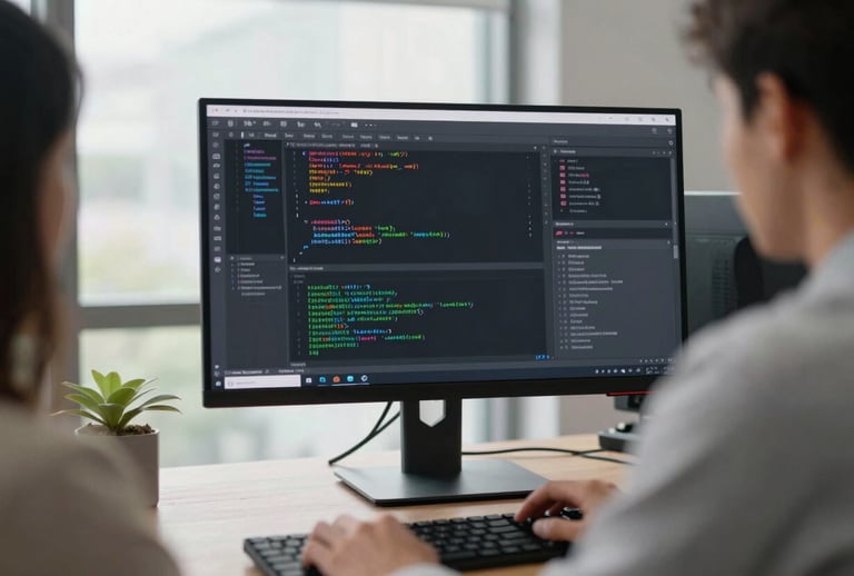 A close-up photograph of a professional software engineer in a modern North American office working on a high-resolution monitor displaying complex code and data analytics, natural daylight coming through the window.