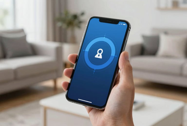 A close-up of a person's hand holding a smartphone in a bright, modern UK living room. The phone screen displays a sophisticated security interface in shades of medium blue and dark blue. Clean, technical style.