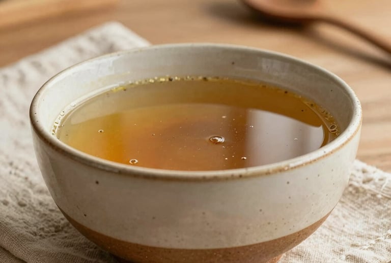 A beautifully crafted ceramic soup bowl with rustic speckled textures, filled with warm broth on a natural linen cloth in a cozy, sunlit kitchen. Authentic North American / US home. Warm medium brown and soft cream tones, reflecting rustic artisanal charm and professional food photography.