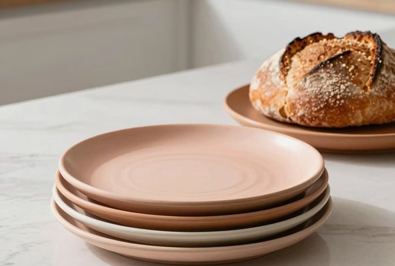 A stack of elegant, hand-thrown stoneware plates in muted terracotta and soft peach, next to fresh artisanal bread in a bright, modern clean kitchen counter. Soft natural shadows, North American / US home style, editorial lifestyle photography.