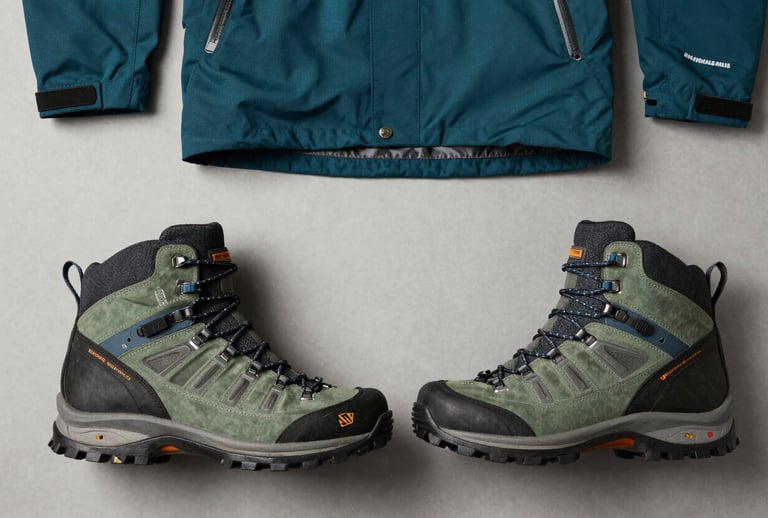 A flat-lay photograph of professional hiking boots and technical outdoor apparel. Clean composition on a neutral background, featuring deep teal and sage green accents. Sharp, high-contrast lighting to show durable textures. Global / Western aesthetic.