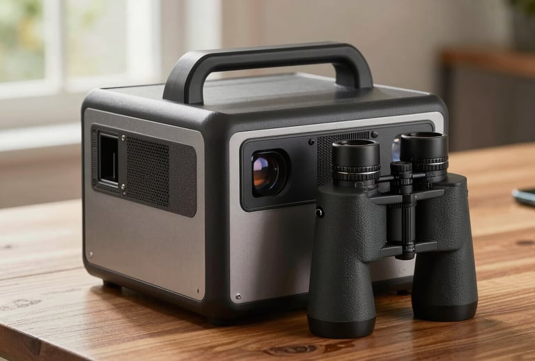 A sharp, detailed photograph of a portable power station and high-end binoculars on a wooden table. Natural light from a window highlights the sleek metallic surfaces and robust design. Global / Western lifestyle context.