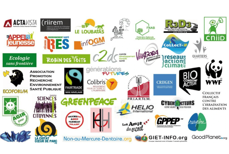 Collection of environmental and social organization logos including Greenpeace, WWF, and Fairtrade.