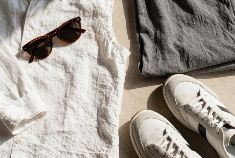 Sophisticated flat lay of South American summer fashion items, including sunglasses, designer sneakers, and dynamic linen apparel in white and slate gray, warm sunlight casting elegant shadows
