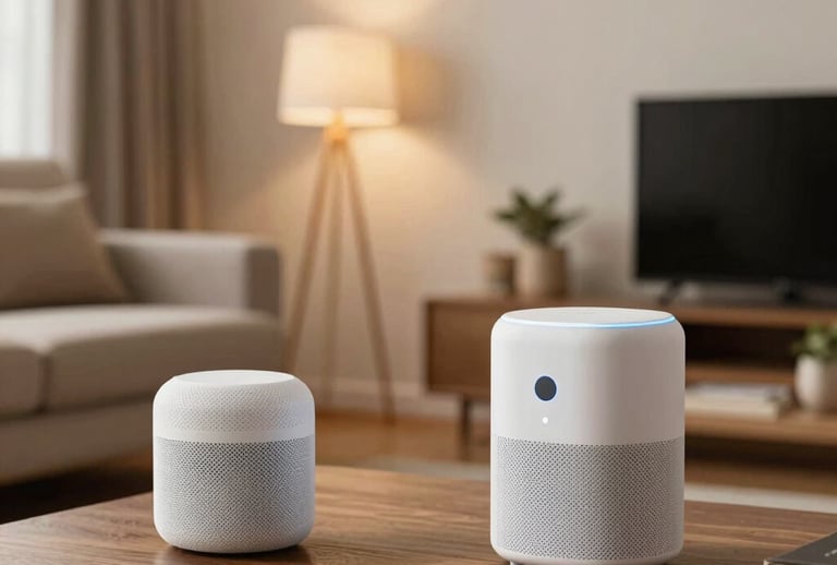 Clean, contemporary South American Brazilian living room interior with subtle smart home voice assistants and warm lighting, creating a comfortable, technologically advanced atmosphere