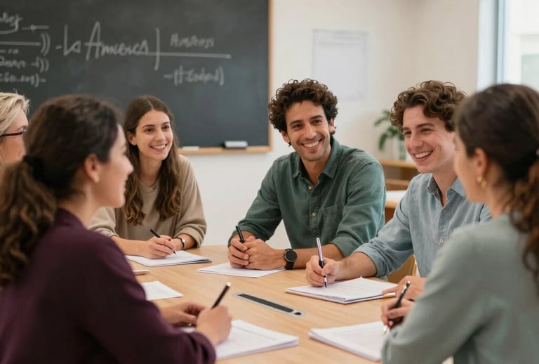 A friendly small group of adult students sitting around a table in a modern classroom in Canary Islands, Spain, practicing English conversation with a smile, sunny clean atmosphere, warm tones with dark purple and soft teal accents.