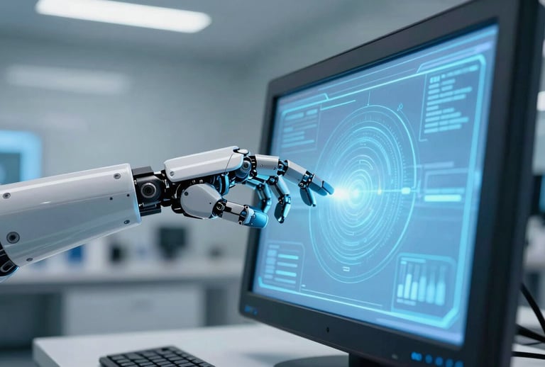 A futuristic robotic hand interacting with a holographic light blue display in a high-tech German research center. The setting is clean, professional, and reflects future-oriented technology.