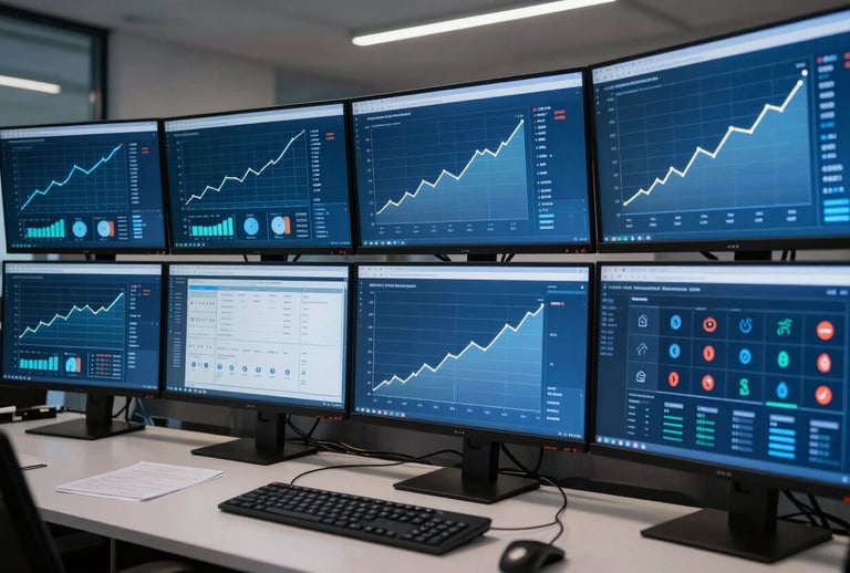 A wall of multiple sleek monitors in a modern control room, displaying growth charts and affiliate network data in shades of medium blue. Central European office style.