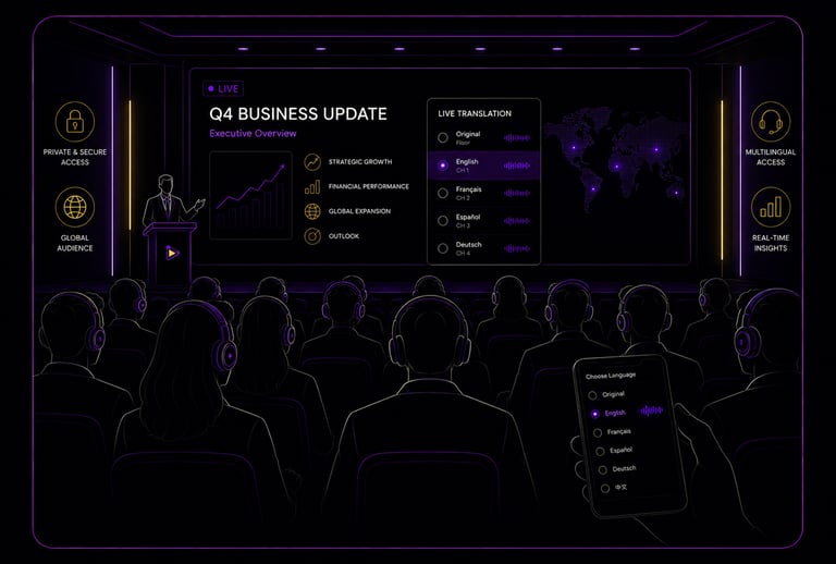Illustration of a corporate presentation audience listening through interpretation headsets while fo
