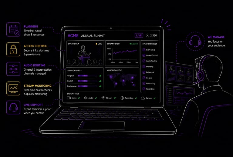 Illustration of a managed broadcast control dashboard showing planning, access control, audio routin