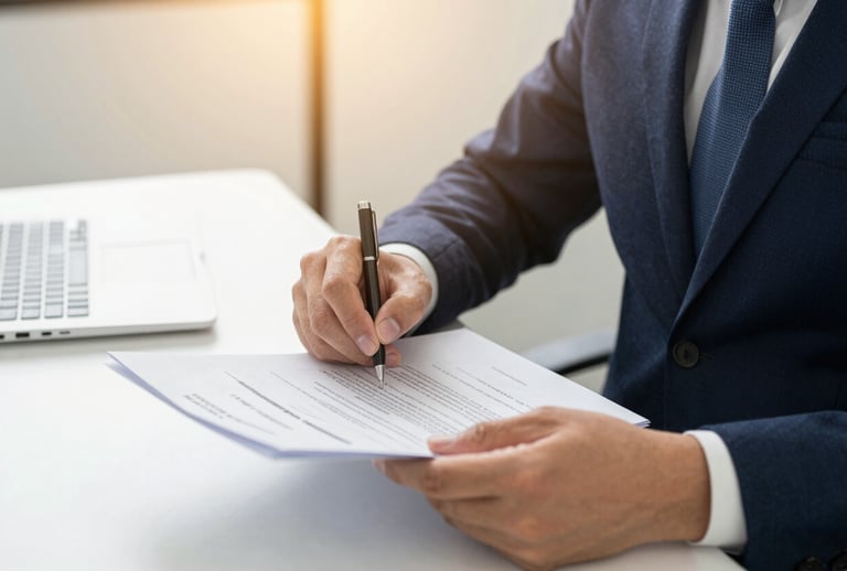 A close-up of a professional East Asian / Chinese legal expert’s hands reviewing formal Australian migration documents. The setting is bright and authoritative, featuring warm golden lighting and minimalist office decor that projects trust.