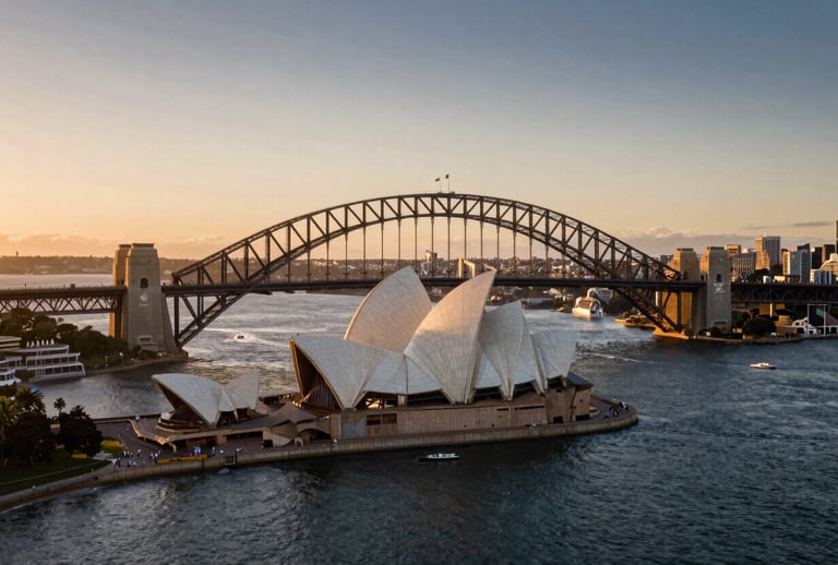 An aerial cinematic shot of the Sydney Harbour Bridge and Opera House at sunset, soft golden and dark blue tones, representing the prestigious and desirable Australian migration destination, high-end travel photography style.