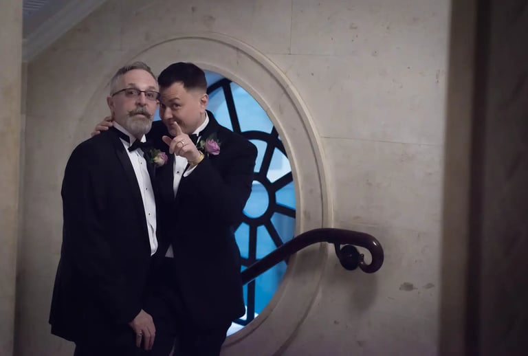 two grooms pointing at the camera