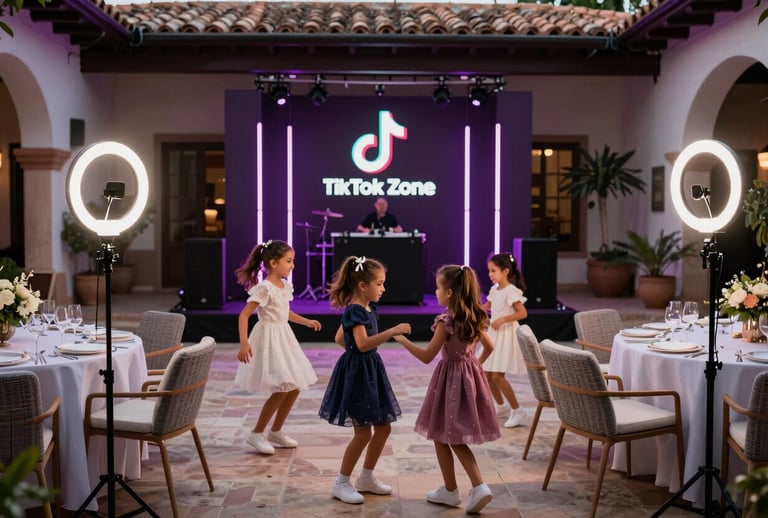 A luxury 'TikTok Zone' for children at a high-end wedding reception. Professional ring lights, neon accents in a dark purple hue, and a musical backdrop. The setting is an elegant Spanish patio with modern furniture. Kids are dancing and laughing in a stylish, supervised environment.