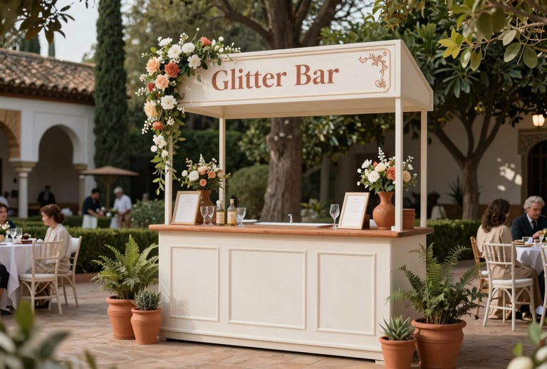 A beautifully decorated outdoor communion celebration in a Mediterranean garden in Córdoba, Southern European style. A 'Glitter Bar' station with elegant signage and professional lighting. The setup features sophisticated terracotta and off-white decorations. High-end atmosphere focused on elegant entertainment for families.