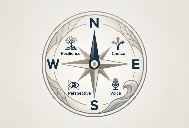 A graphic compass with resilience, choice, perspective, and voice representing empowerment.