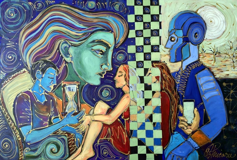 Figuratives Gemälde mit Symbolen für Zeit (Sanduhr) und Sterne, feine weiße Linien.