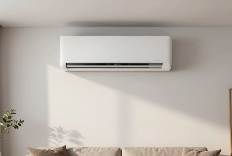 Modern interior shot of a minimalist Central European / French living room featuring a sleek, modern air conditioning unit mounted high on a white wall. The lighting is soft and natural, emphasizing comfort and climate control in a sustainable home.