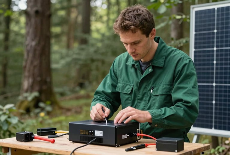 A professional technician in a deep forest green uniform performing a diagnostic check on a solar inverter. Central European / French residential setting, clean tools, focused lighting, depicting reliability and technical expertise.