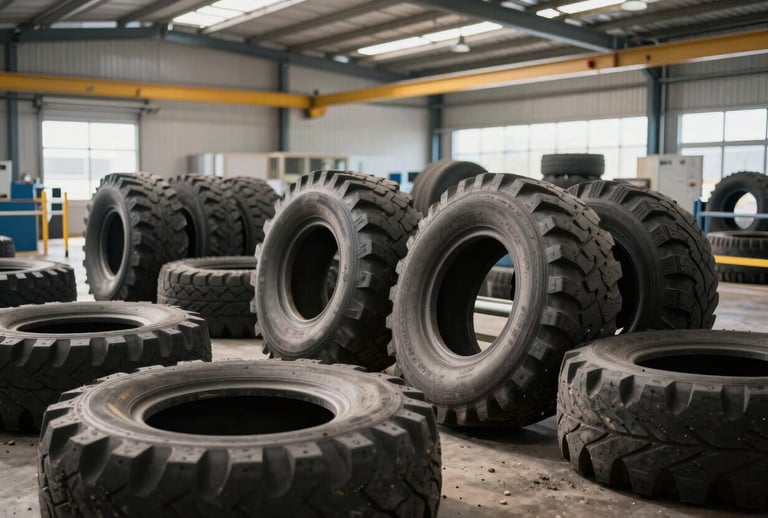 Clean photography of an eco-friendly tire recycling facility in the US. Used tires are being processed for sustainable reuse. Daylight floods the professional workspace, highlighting the commitment to environmental responsibility and waste reduction.