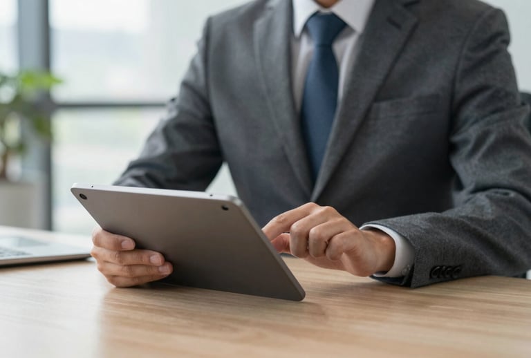 A focused shot of a professional in business attire in a North American office environment, using a modern tablet to securely process a transaction. The setting is clean and corporate, emphasizing trust and efficient booking processes.