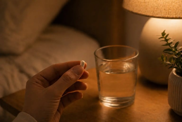 Hand holding a white sleeping pill at night next to a glass of water on a bedside table.