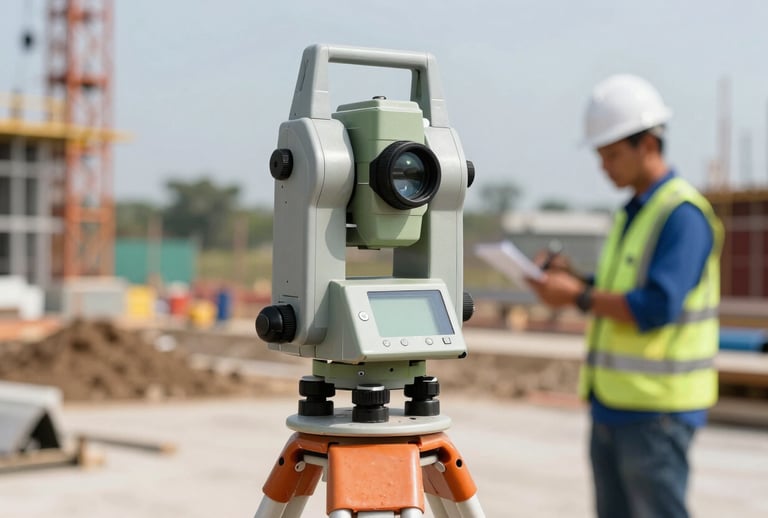 Close-up of a high-tech electronic total station surveyor tool on a tripod at a Southeast Asian development site. In the blurred background, a surveyor in a safety vest works under the bright sun. The scene uses colors like Slate Grey and Navy Blue for a technical feel.