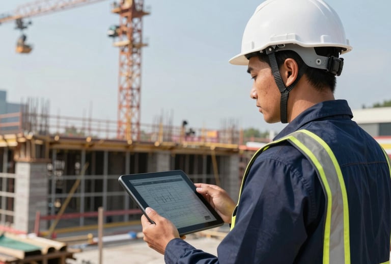 A Southeast Asian civil engineer wearing a white hardhat and a Navy Blue safety vest at a construction site in Jakarta. He is holding a digital tablet displaying a project timeline. The construction frame is visible in the background under clear daylight. Focus on technical integrity and precision.