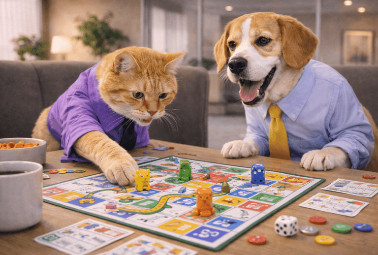 A cat and beagle dog wearing t-shirts and ties playing a colorful board game on a wooden table.