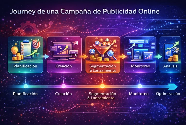 Flujo completo de cómo funciona una campaña de publicidad online paso a paso